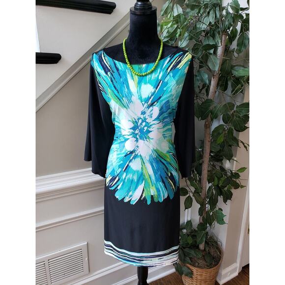 Fenn Wright Manson Shift Dress Women's 14 Multi Floral Stretch Bell Split Sleeve - Picture 9 of 13